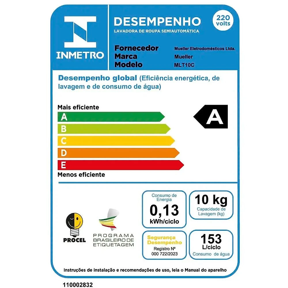 Tanquinho de Lavar Semiautomática 10 kg com Superesfregador MLT10C Mueller Branco - 110V