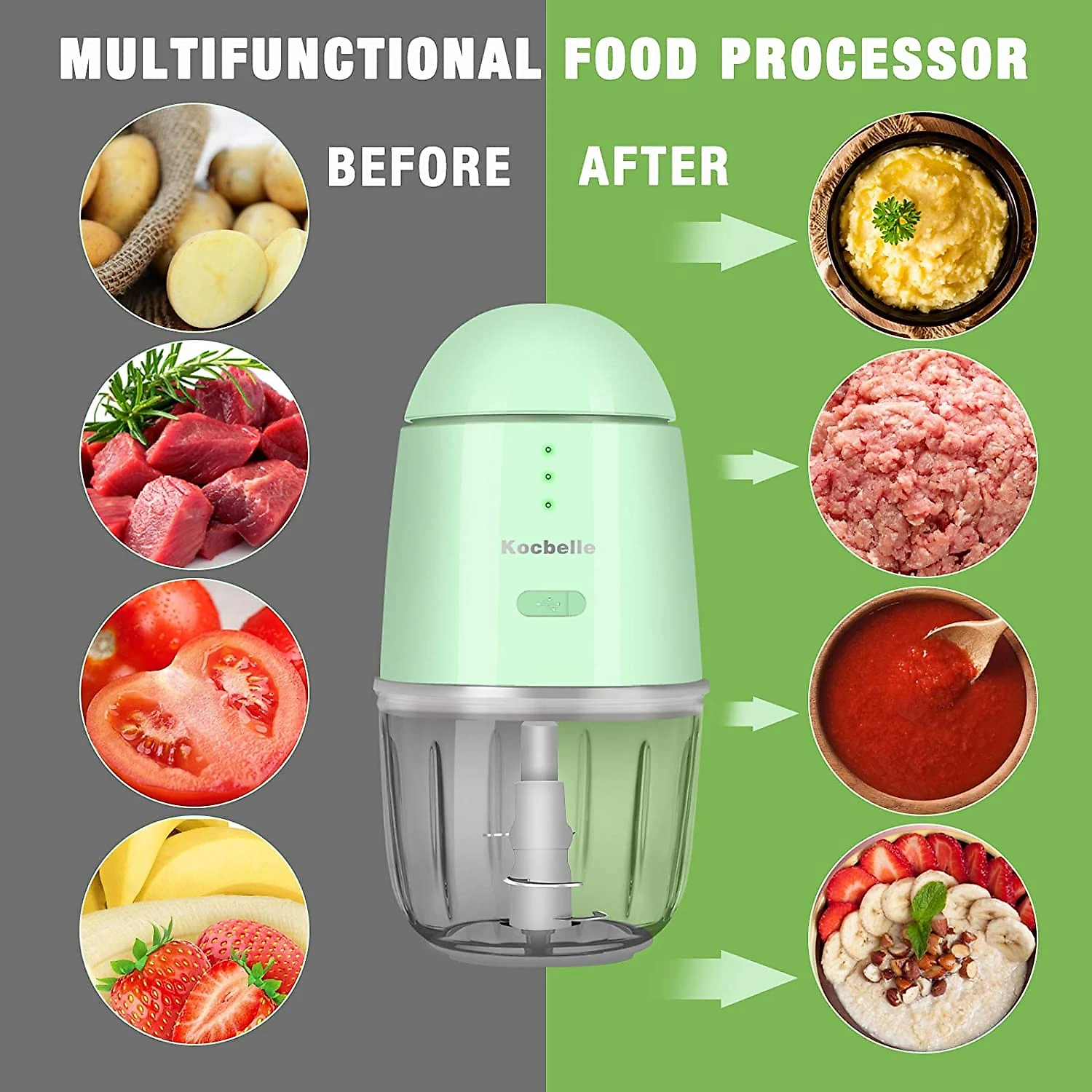Kocbelle Mini Processador de Alimentos Pote de Vidro de 295 mL 150W Verde