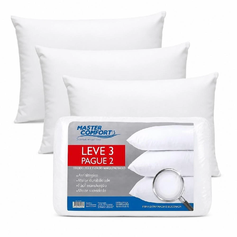 Kit 3 Travesseiros Tradicional 40x55cm Fibra Siliconada Antialérgico Branco Yeet