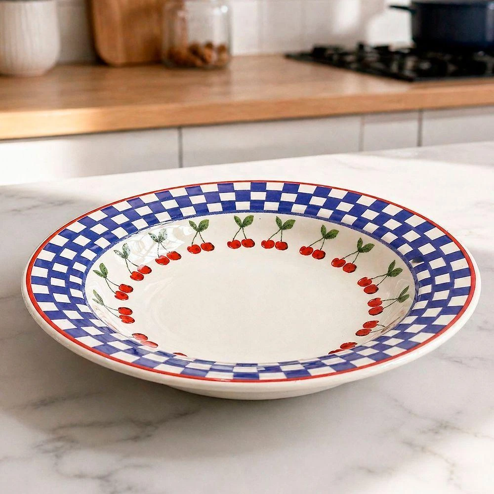 Prato Fundo para Sopa Donna Jardim de Cerejas Kit 10 Peças Cerâmica Branco e Azul Oxford