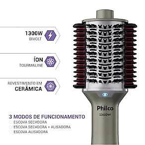 Escova Secadora Philco PES30 1300W 4 em 1 Cerâmica Bivolt Prata Cromado