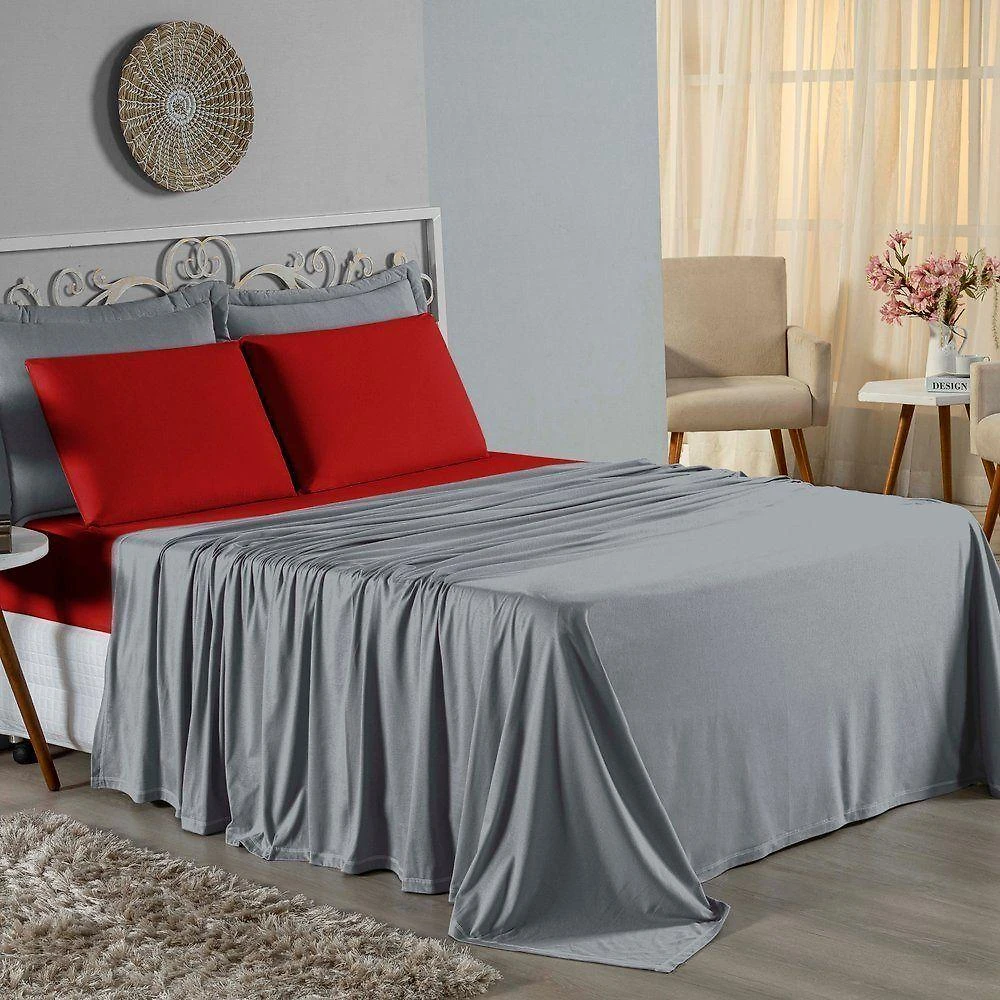 Jogo De Cama Casal Nobre 4 Peças Lençol Com Elástico De 30cm De Altura Malha 100% Algodão - Cinza / Vermelho