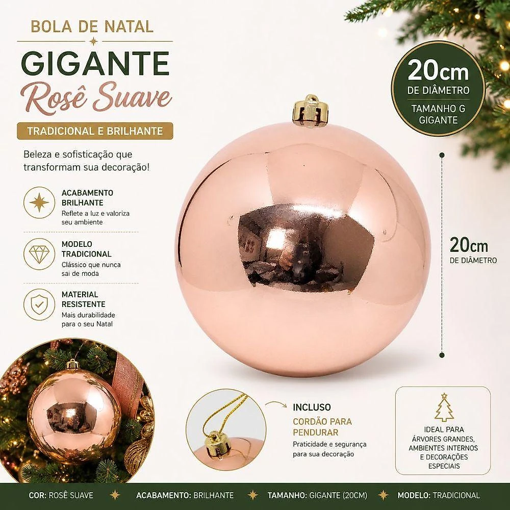 Bola de Natal Gigante Rosê 20CM com Cordão Dourado Bela Flor