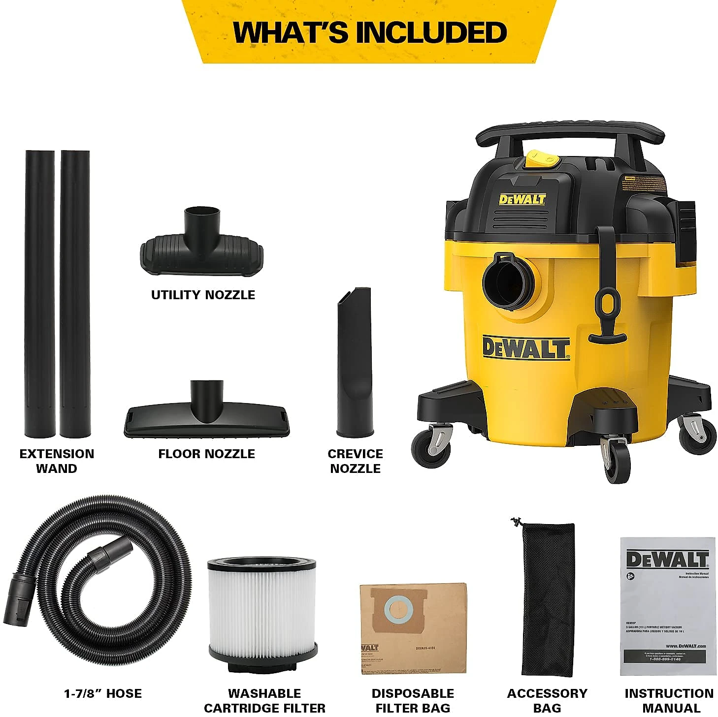 DEWALT DXV05P 5Gallon Poly WetDry 4 Peak HP Shop Vacuums 5 Gallon Yellow Black