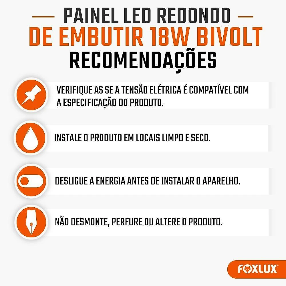 Painel LED Redondo Embutir 18W Luz Uniforme Branco Quente Foxlux Bivolt