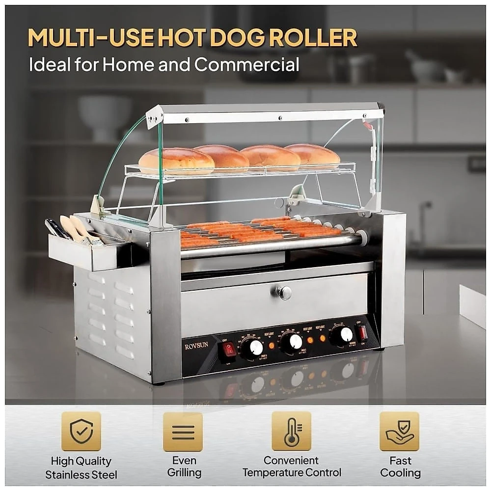 Máquina para Cachorro Quente 7 Rolos até 18 Salsichas com Luz LED, Controle de Temperatura Duplo e Aquecedor de Pão, 11...