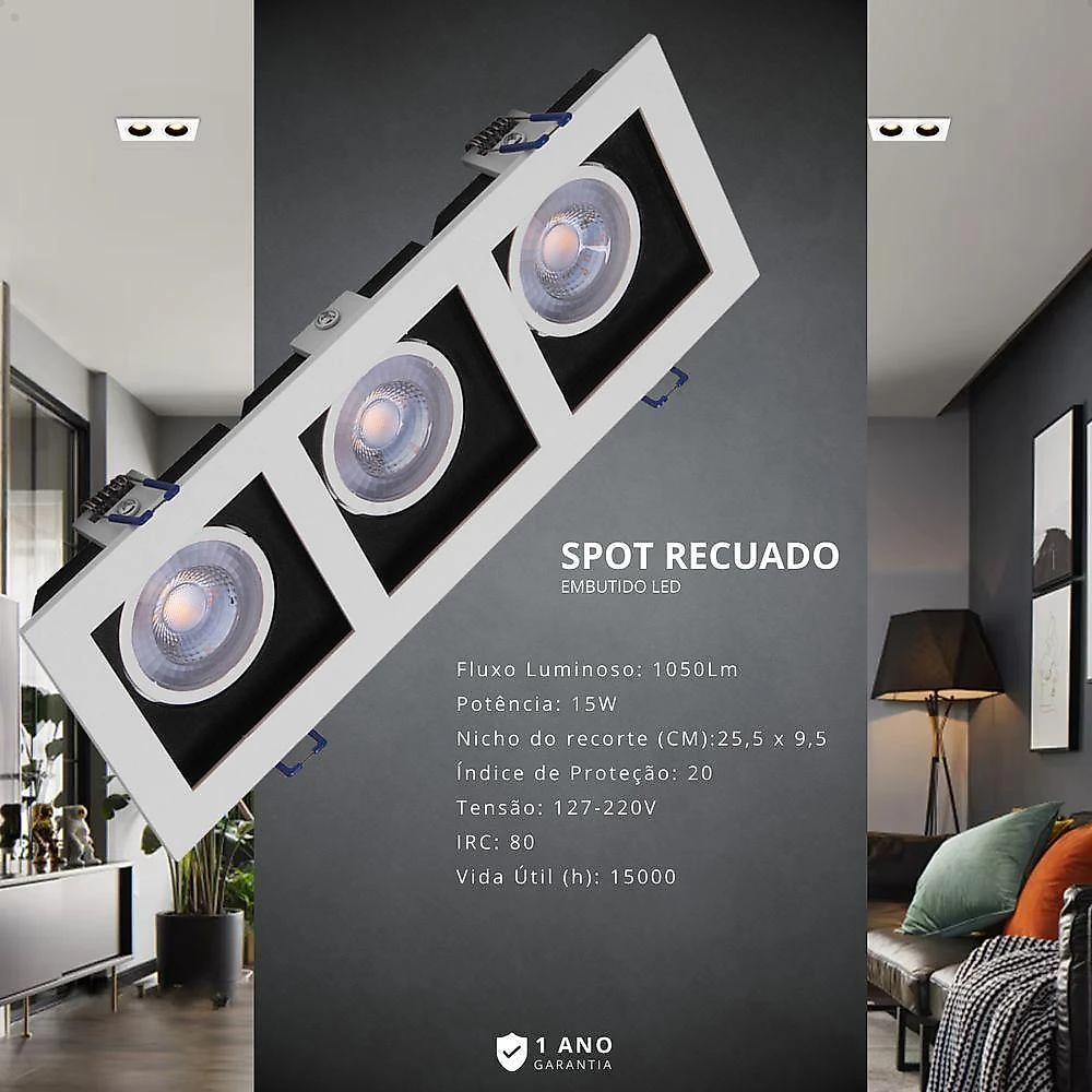 Kit 6 Spot Embutir Quadrado Led Recuado Triplo 15W 3000K Amarelo Quente Branco e Preto Taschibra