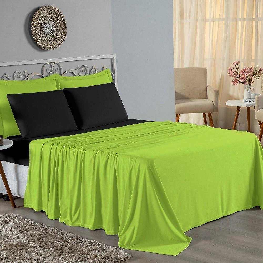 Jogo De Cama Casal Nobre 4 Peças Lençol Com Elástico De 30cm De Altura Malha 100% Algodão - Pistache / Preto