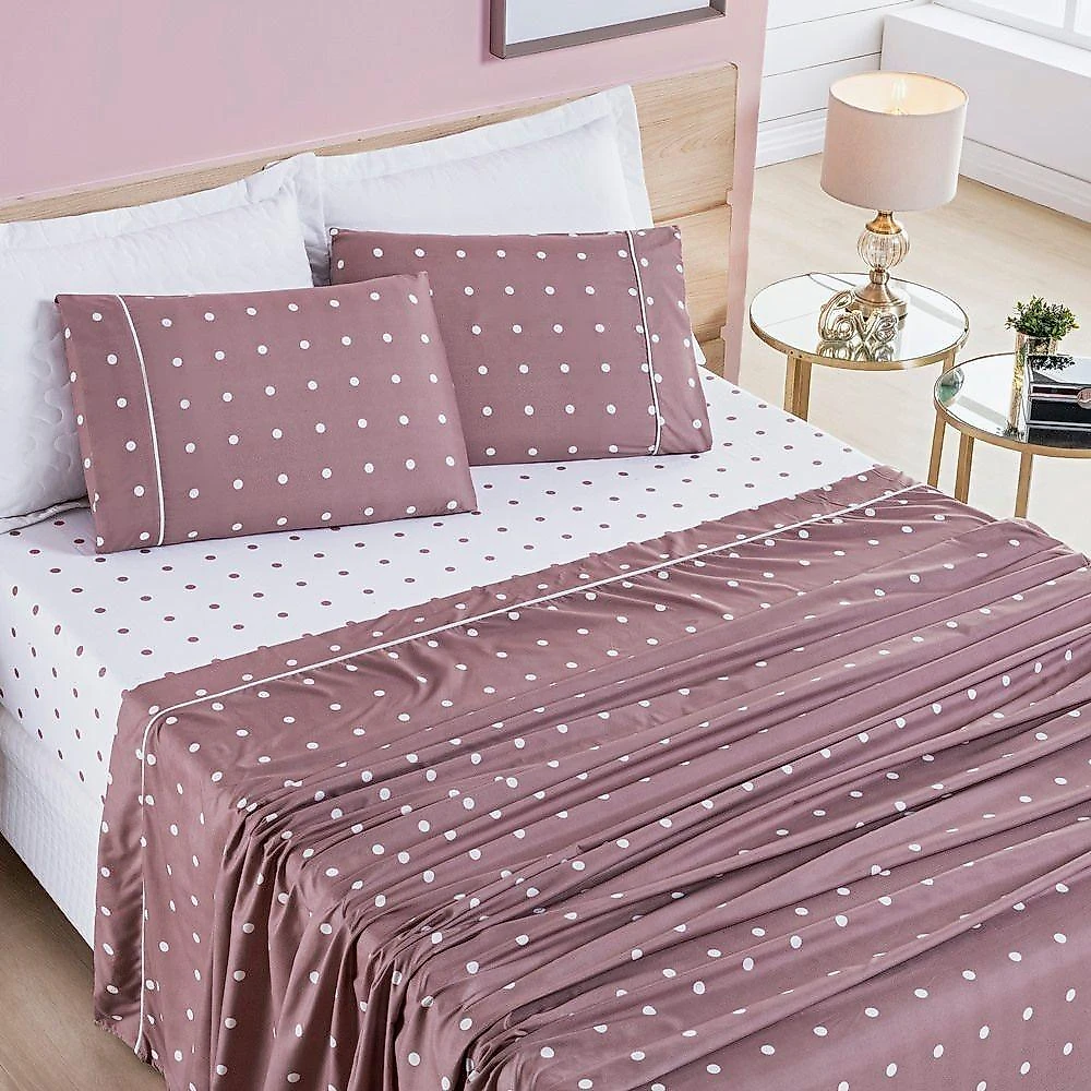 Cobre Leito + Jogo De Cama Casal Padrão + Jogo De Banho Petit Poá 12 Peças 100% Poliéster - Rose