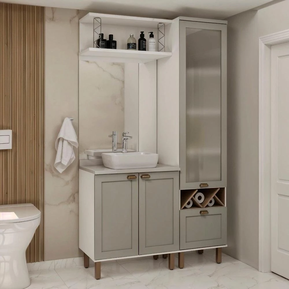 Conjunto de Banheiro Modulado 100% Mdf Americano 3 Peças com Armário de Vidro Iluminata
