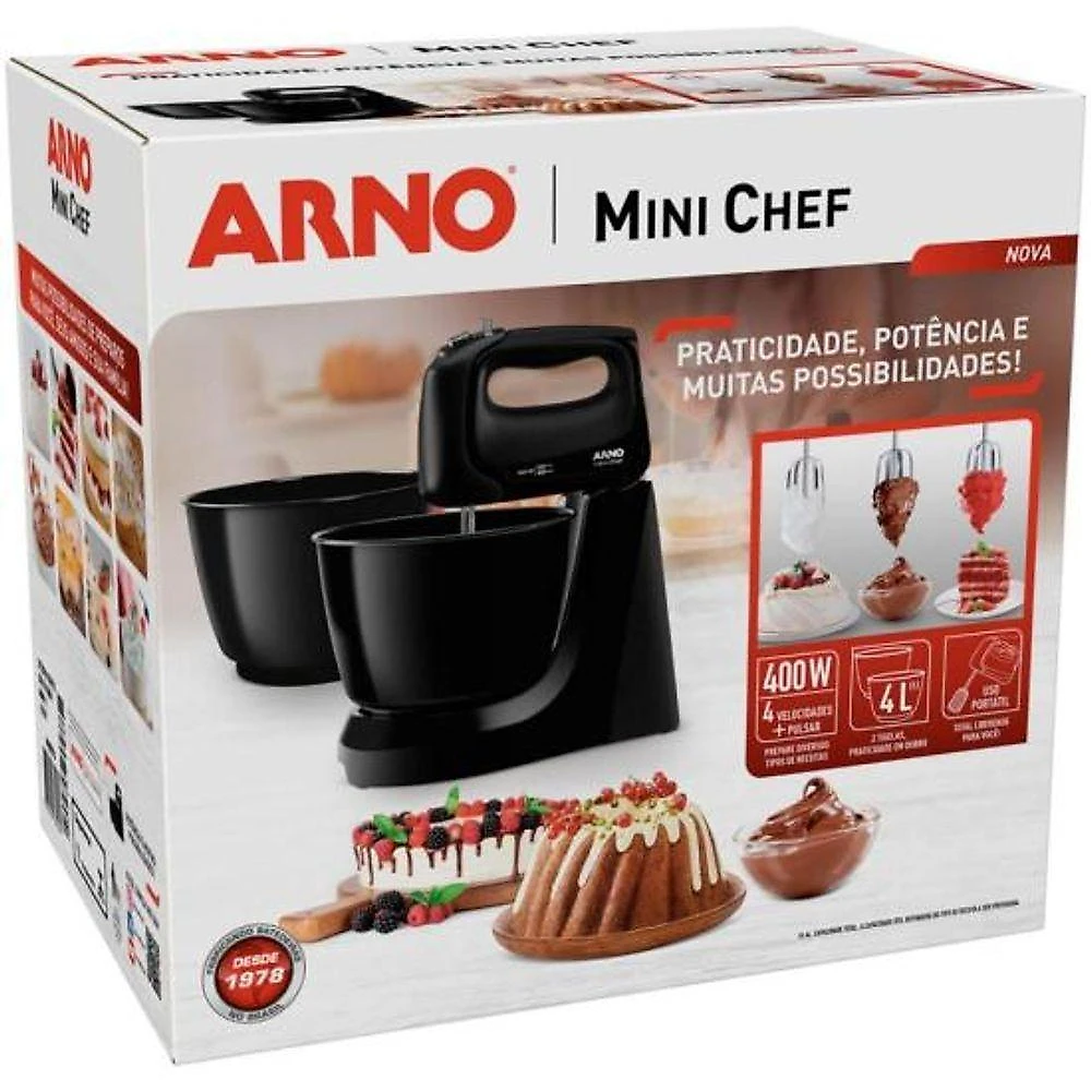 Batedeira Convencional de Arno Mini Chef 4L 400W 4 Velocidades Preto 220V