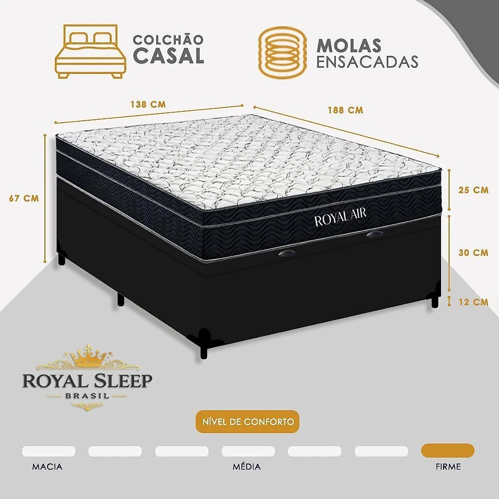 Cama Box Baú Casal Royal Air Molas Ensacadas Sintético Preto Royal