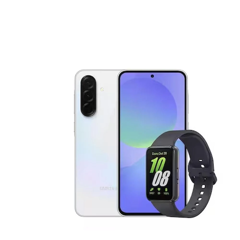 Smartphone samsung galaxy a36 5g branco 256gb, 8gb ram, câmera tripla até 50mp, tela super amoled 6.7", ip67, nfc e recursos ai + galaxy fit3 grafite