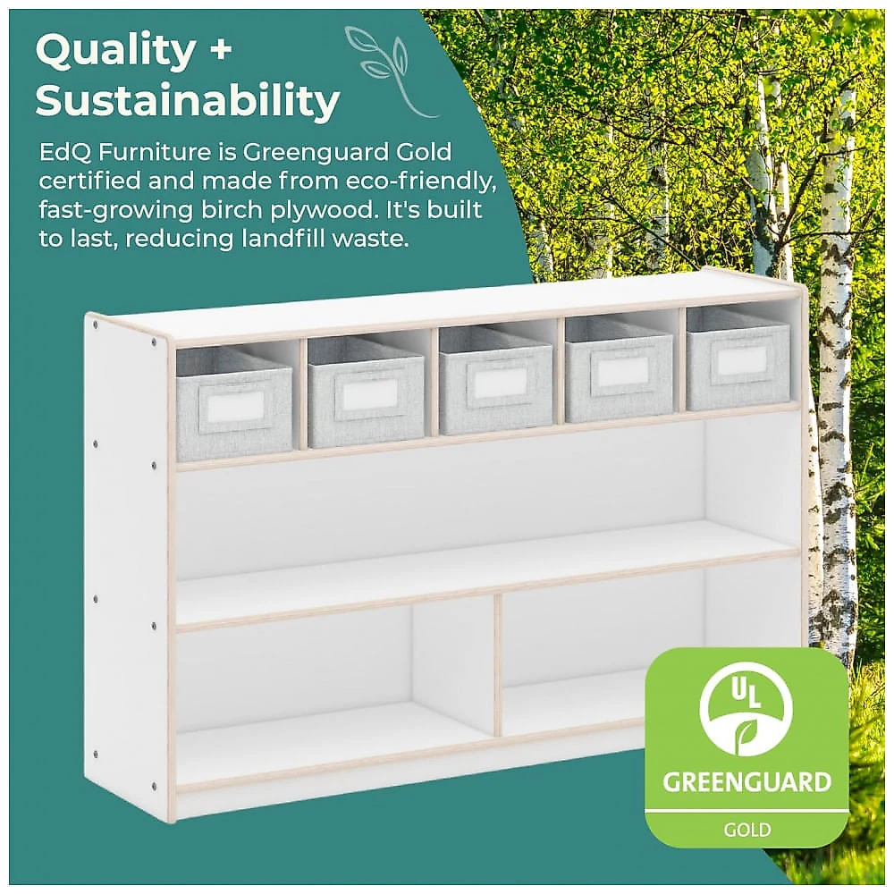 Estante baixa Guidecraft EdQ Shelves and 5 Bin Storage Unit 30" Branca com 2 prateleiras e 5 nichos com caixas de tecido 122cm