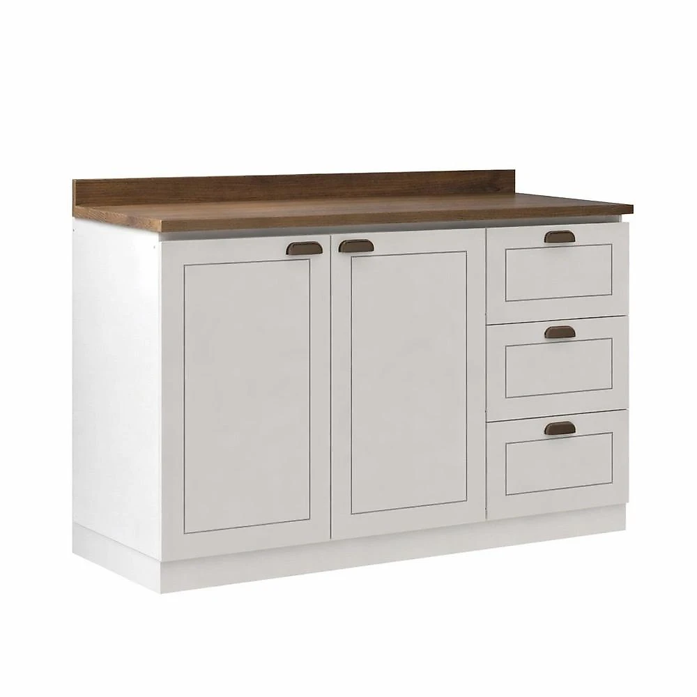 Cozinha Compacta Modulada 2 Balcões com Tampo de 25mm Fretes Americana Branco Branco com Tampo Ébano Amadeirado