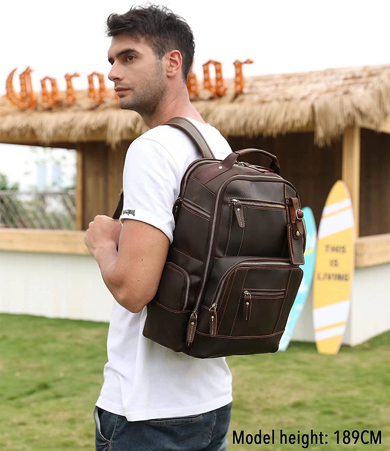 Lannsyne LB125 Mochila Unissex de Couro Genuíno para Laptop 40 cm Marrom