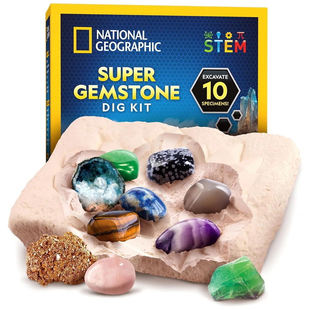 Kit Super Escavação de Gemas – 10 Gemas Reais, Kit STEM de Geologia para Crianças, Presente Educativo, National Geographic