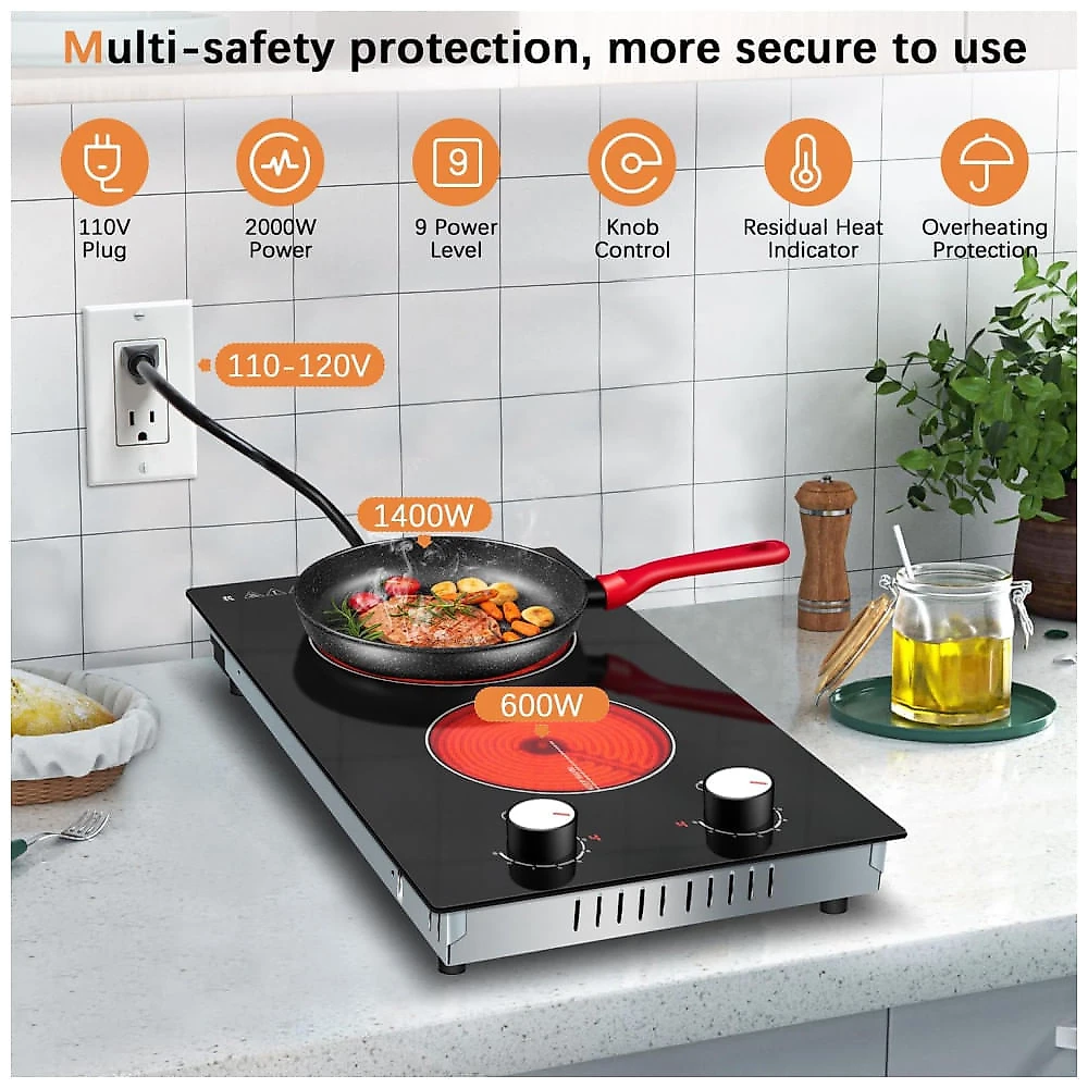 Cooktop Elétrico Karinear 2 Bocas 30cm: Controle de Botão, Cerâmica Embutida, 9 Níveis de Aquecimento, Alerta de Calor, Segurança.