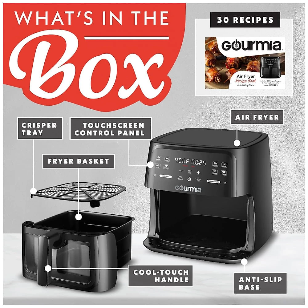 Fritadeira Elétrica Air Fryer Gourmia Preta 7,6L Janela com Luz 8 Programas FryForce 360 1700W 110V