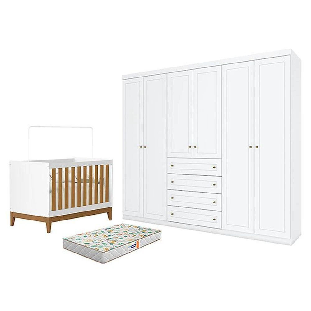 Conjunto Berço Flip e Guarda Roupa Casal 6 Portas 4 Gavetas Branco Móveis Henn