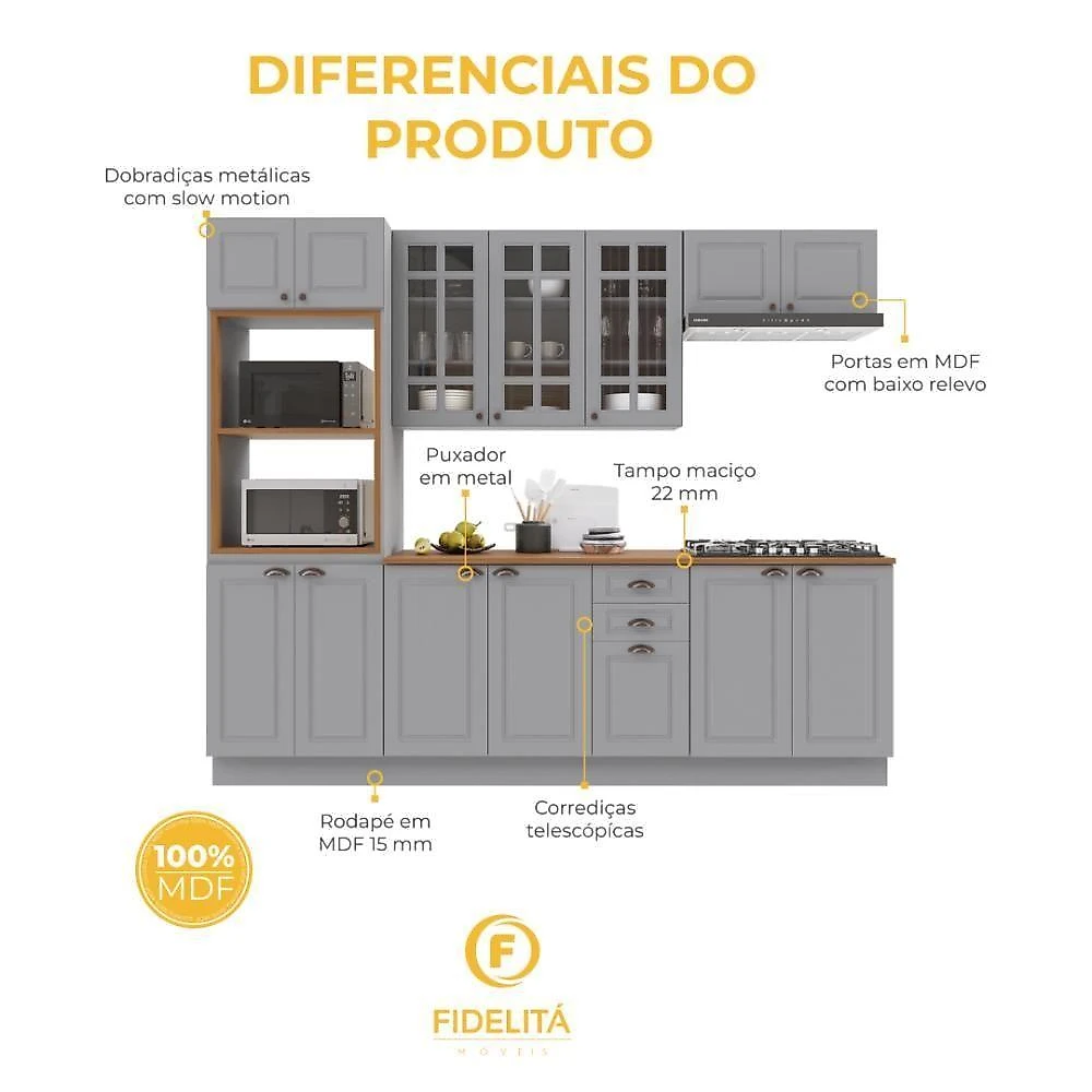 Cozinha Completa Modulada Nara 14 Portas 2 Gavetas MDF 270CM Titânio Fidelita Móveis