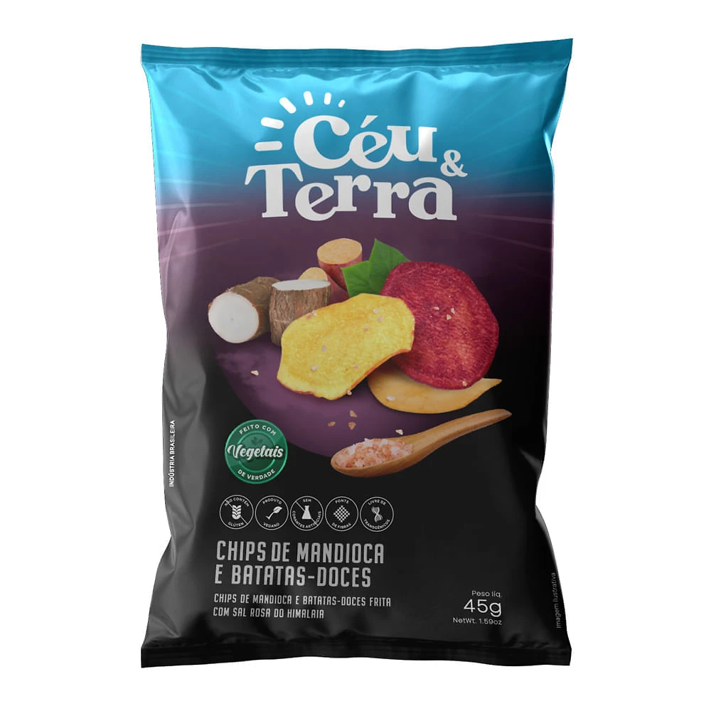 Chips de Mandioca e Batatas Doces Céu & Terra com Sal Rosa do Himalaia 45g
