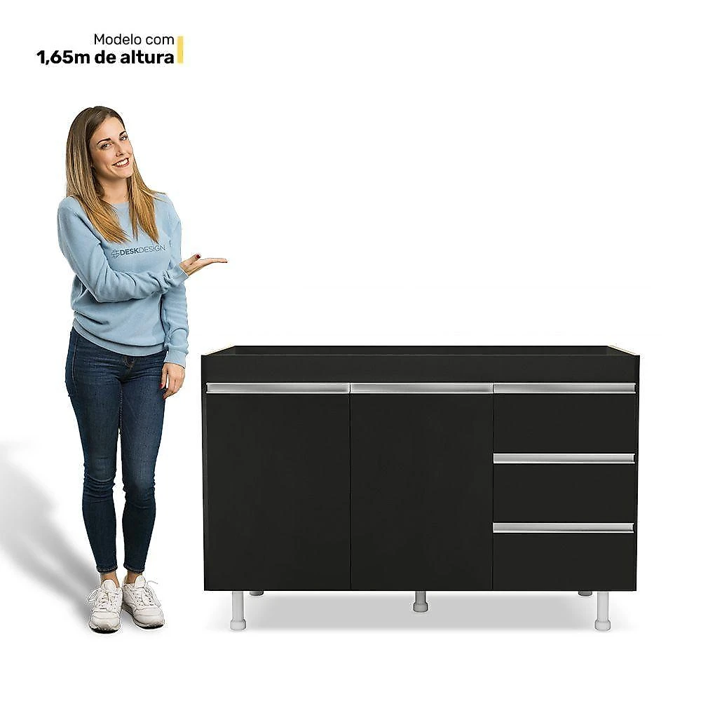 Cozinha Planejada Lux 3 Peças 100%mdf Balcão Gabinete Sem Tampo 119cm 3 Gavetas Preto - Abmaza