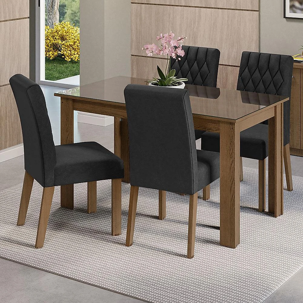 Conjunto sala de jantar mesa tampo de vidro 4 cadeiras rustic/oxford celina madesa