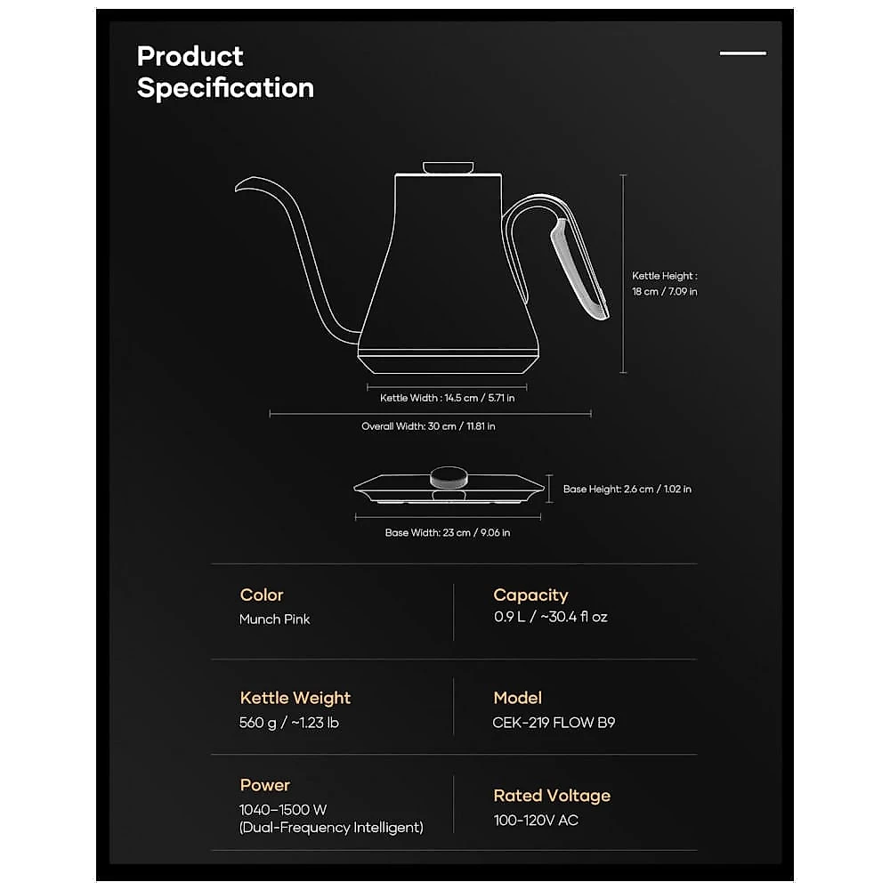 Chaleira elétrica pescoço de ganso Cocinare FLOW B9 0,9 L inox, display digital, 1500W, 110V, rosa Munch