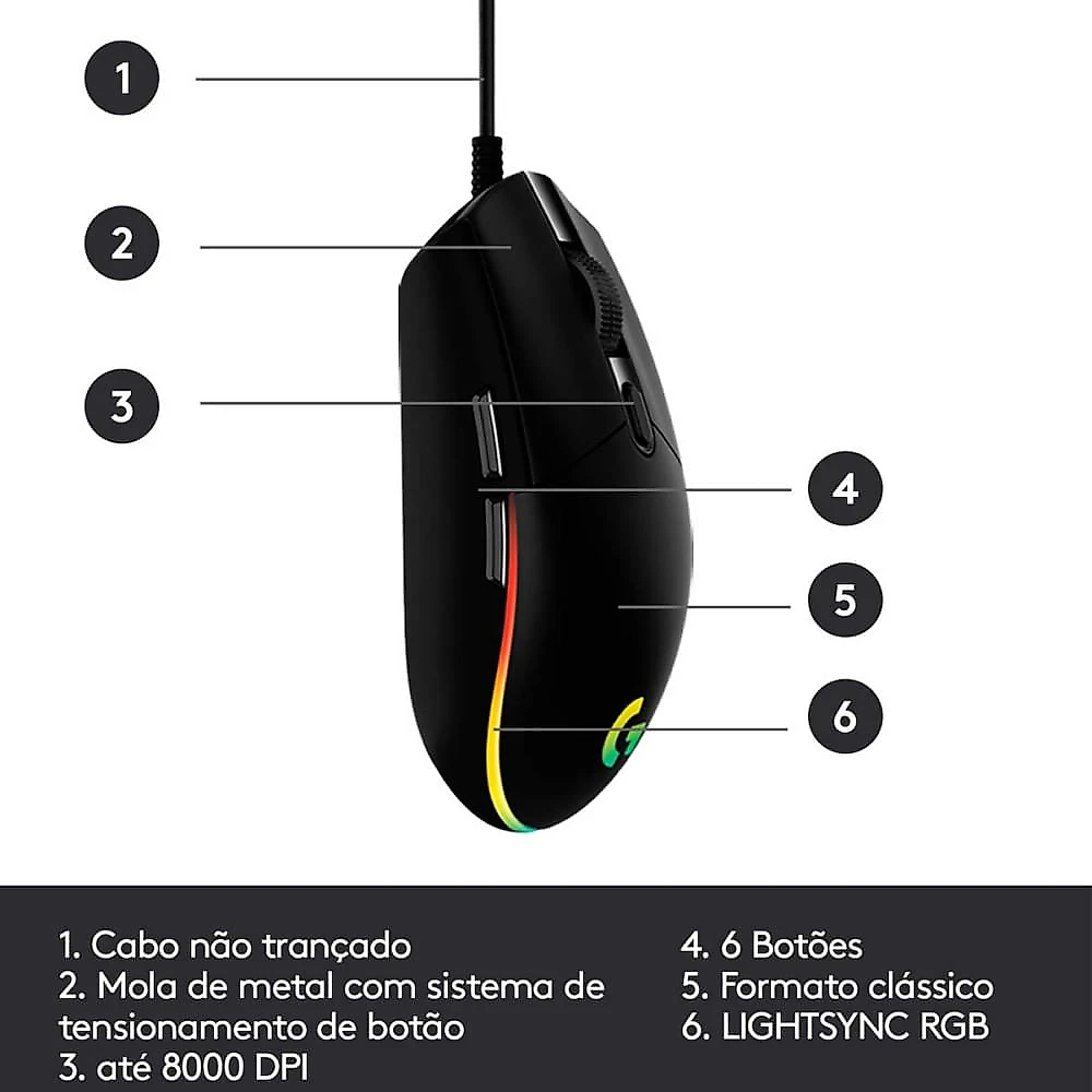 Mouse Gamer G203 Lightsync RGB 6 Botões Até 8.000 DPI Logitech