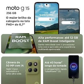 Smartphone Motorola Moto G15 Tela 6.7" 256GB 4G Câmera 50MP Grafite