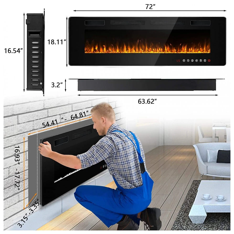 Lareira Elétrica de Embutir A45x182L com Controle Remoto, Temporizador e Chamas Ajustavel, 110V, BOSSIN, Preta