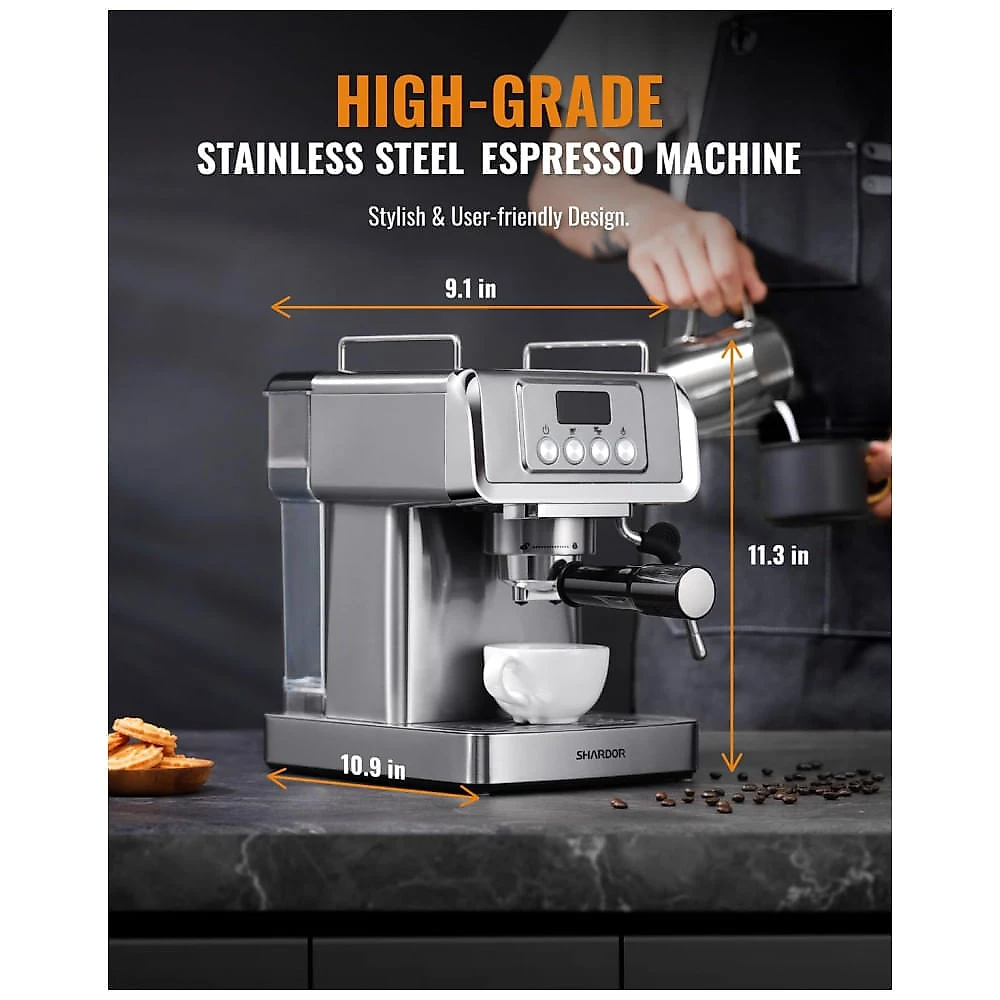 Máquina de Espresso 20 Bar SHARDOR Prata Inox com Vaporizador de Leite Display de Temperatura 1,8L 110V
