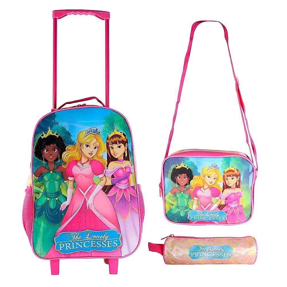 Kit Mochila Escolar de Rodinhas GXM com Lancheira Térmica e Estojo Princesa Rosa