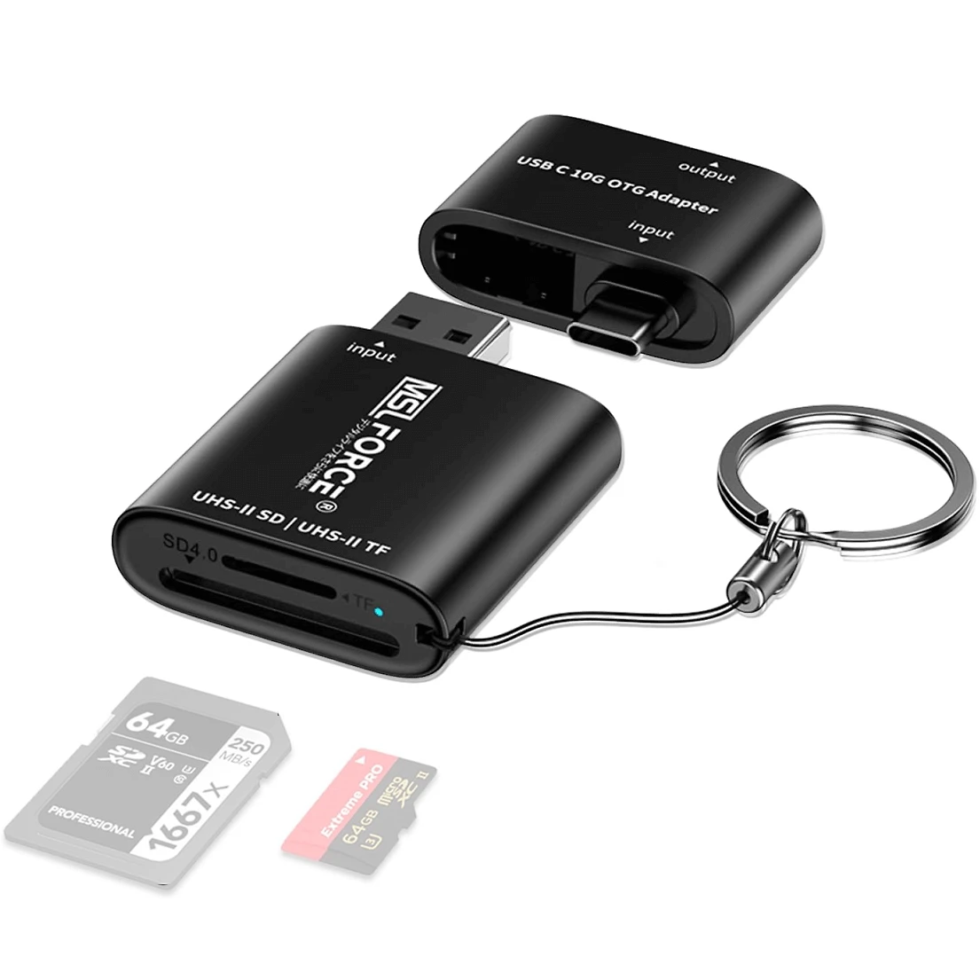 Leitor de Cartão SD/microSD 2 em 1 USB-A + USB-C OTG com Suporte de Chaveiro
