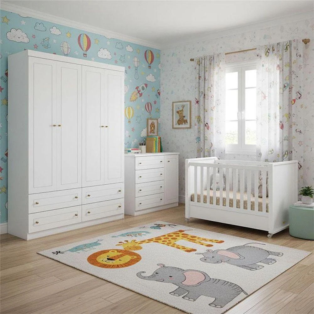 Quarto Infantil 4 Portas Americano Com Berço Tutto New Ambiente Branco Fosco - Matic