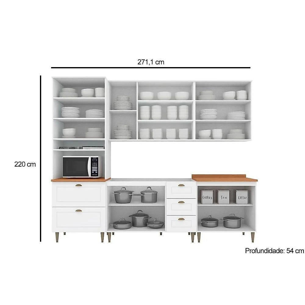 Cozinha Modulada Americana 6 Peças 2 Aéreos + 2 Balcões+ 1 Paneleiro + 1 Complemento Com Pés C5p61 Branco2 Aéreos + 1 Balcão + 1 Complemento