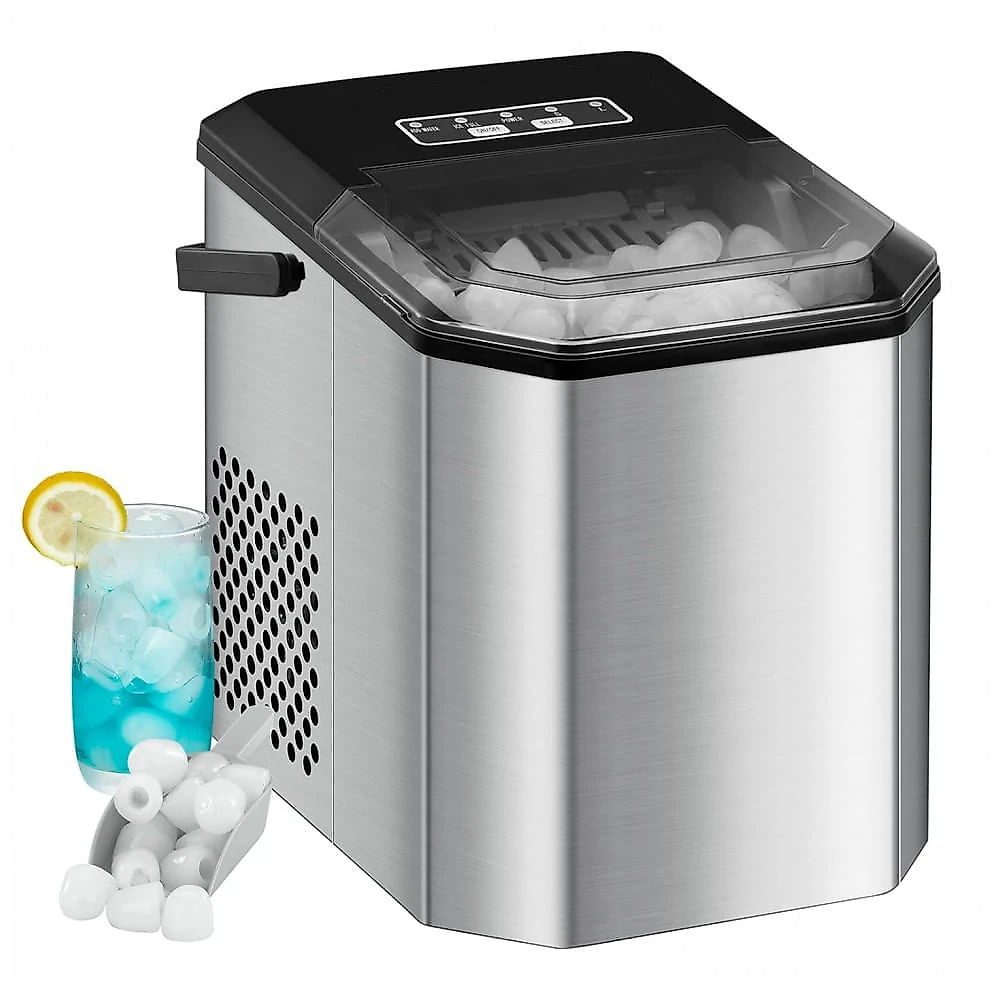 Máquina de Gelo até 11 kg em 24H Portátil com Autolimpeza, 110V, Garvee, Prata e Preto