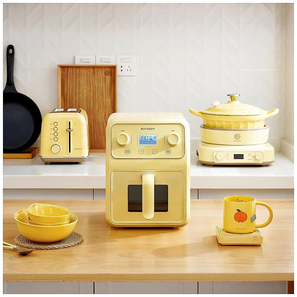 Forno Airfryer 4 Litros 8 em 1 com Janela Retrô e Lembrete de Agitar, 110V 1200W, Buydeem, Amarela 110v