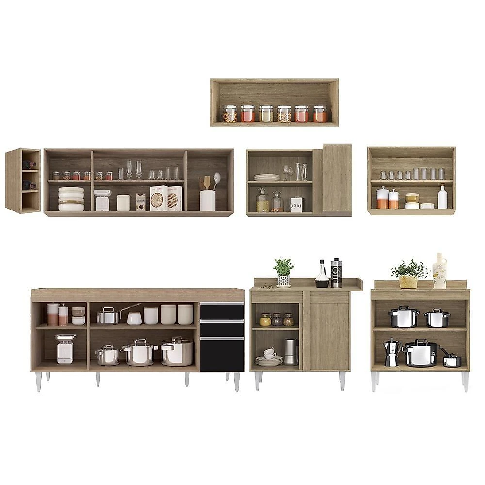 Armário De Cozinha Modulado De Canto 8 Peças Cp25 Balcão Sem Tampo Castanho/preto - Lumil