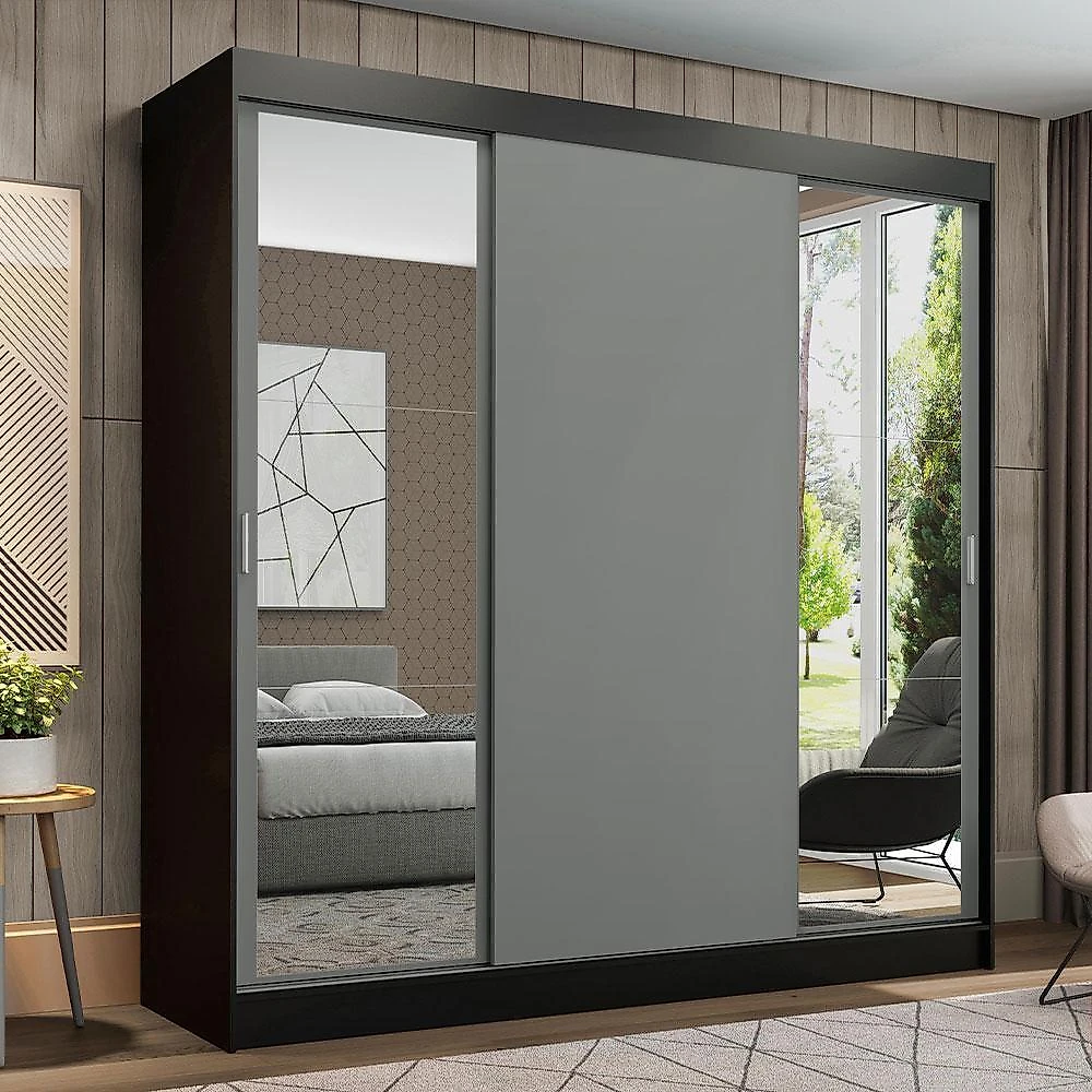 Guarda-roupa casal madesa reno 3 portas de correr com espelhos - preto/cinza