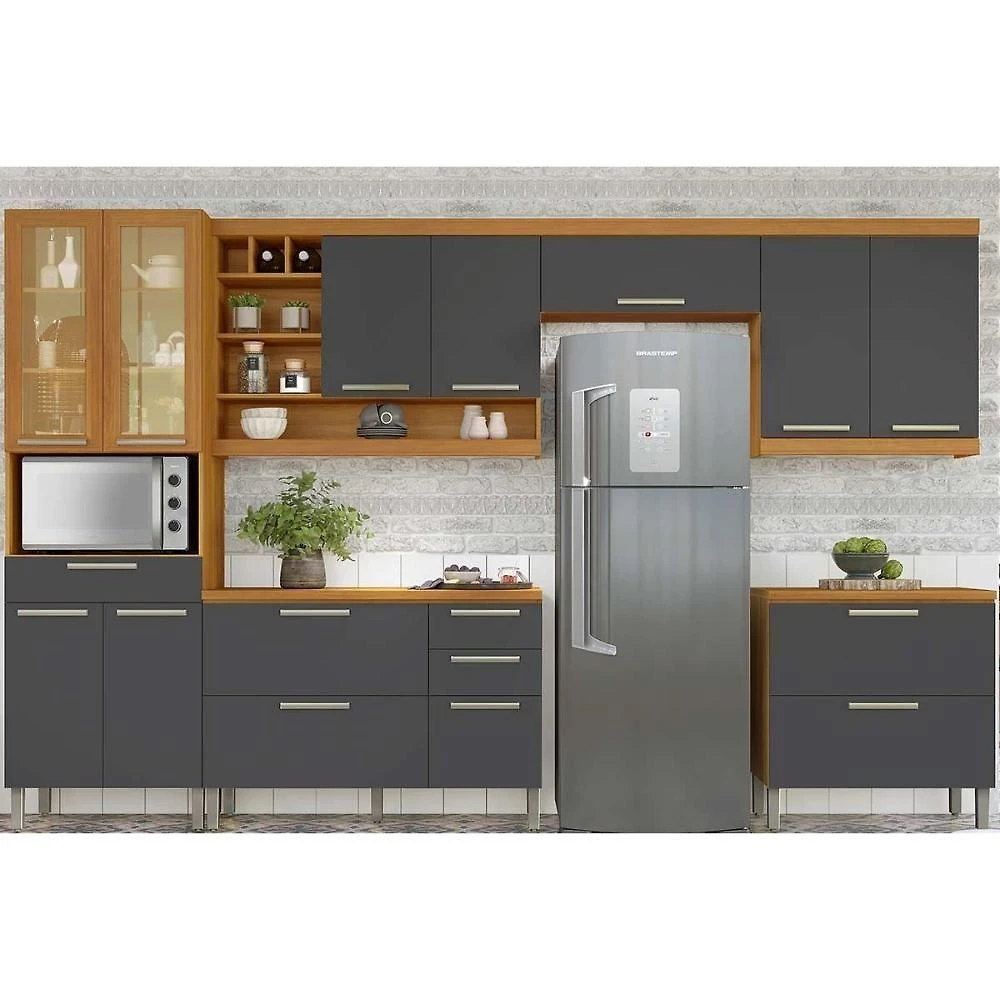 Kit Cozinha Modulada 6 Peças Burguesa Premium 3aéreo+2balcões+ 1 Paneleiro C6p55 Freijó Grafite