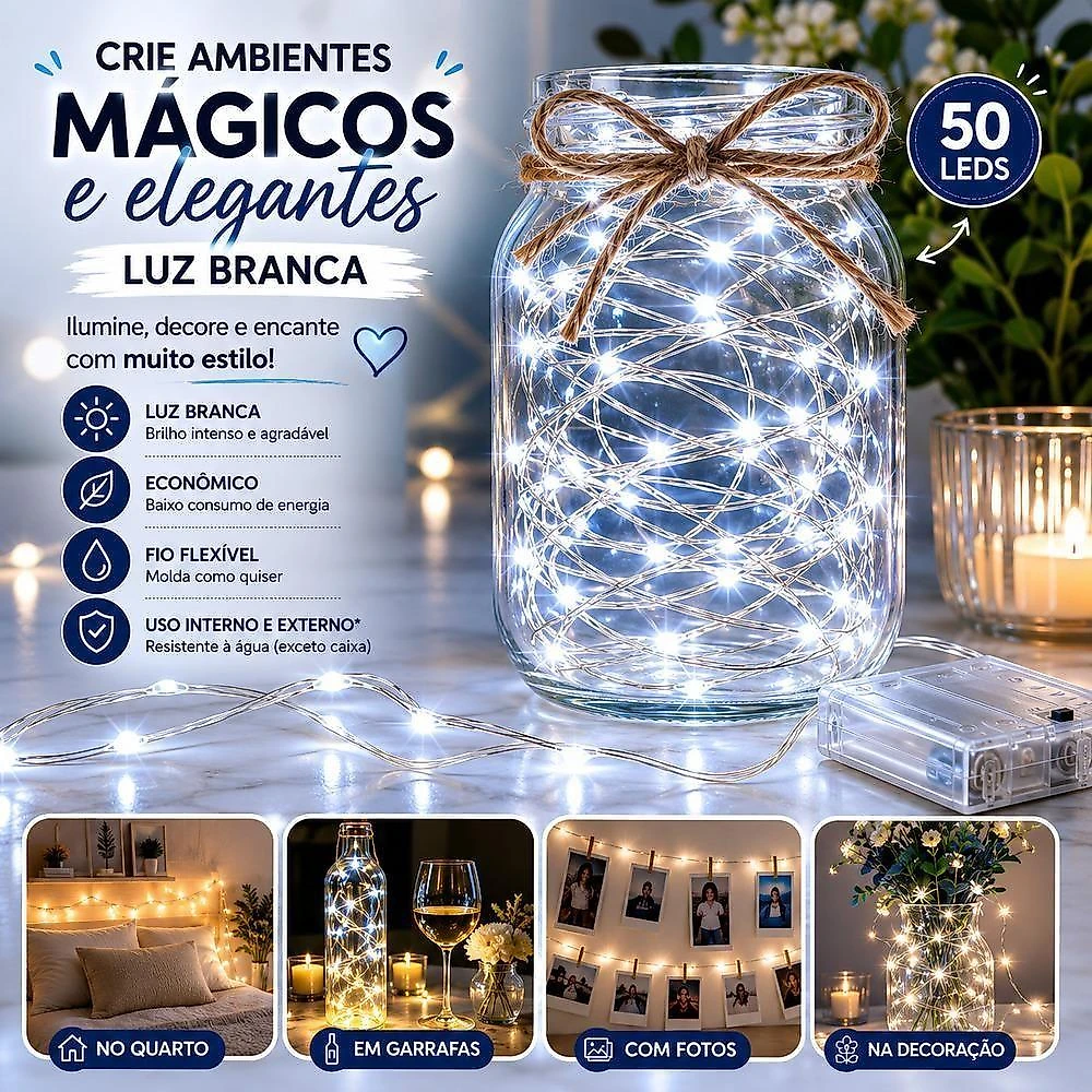 Fio de LED Fada Decorativo Cordao Led 5 Metros 50 Leds com Luz Branca Quente e Efeito Aconchegante