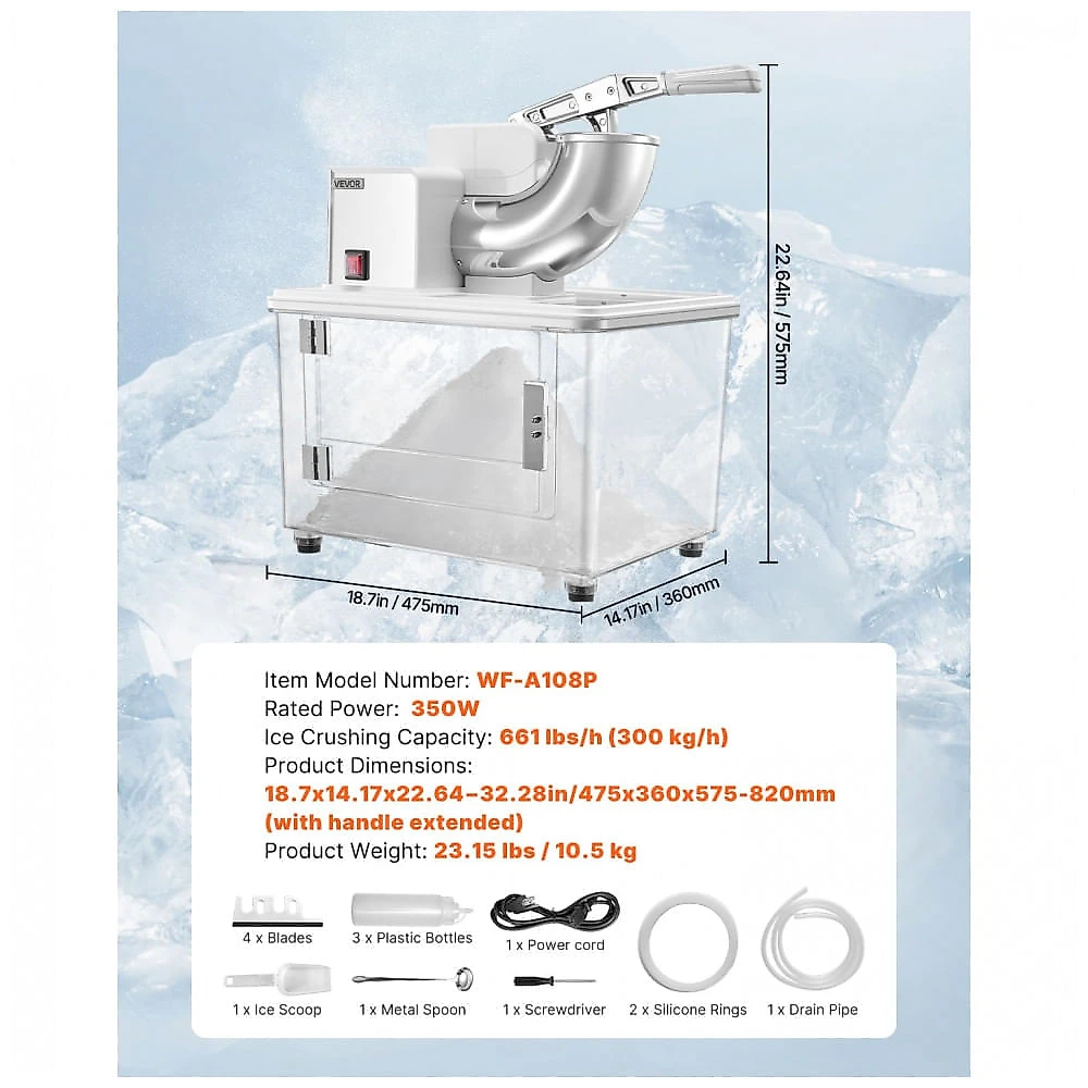 Máquina de Raspadinha Slush VEVOR 300W Dupla Lâmina 300 kg/h Caixa 50L Branca 110V