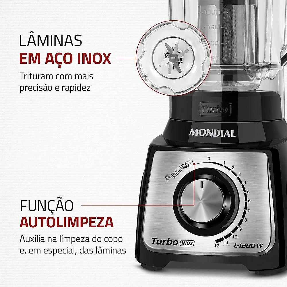 Liquidificador Mondial L-1200 Bi Turbo Inox 1200W 3L 12 Velocidades Preto Inox 110V