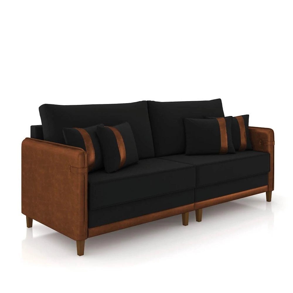 Sofá 3 Lugares Living 212cm Pé Madeira Valença Marrom/veludo Preto K01 - D\'rossi