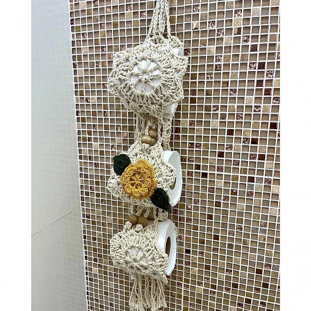 Porta Papel Higiênico Crochê Artesanal Flor Bordado Algodão 3 Lugares Azul