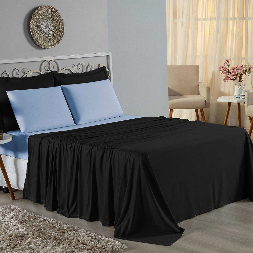 Jogo De Cama Casal Nobre 4 Peças Lençol Com Elástico De 30cm De Altura Malha 100% Algodão - Preto / Azul-bebê