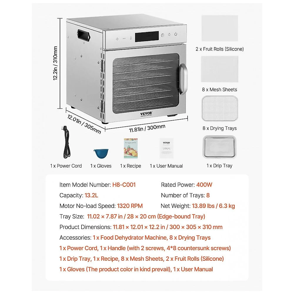 Desidratador de Alimentos VEVOR Prata 8 Bandejas Aço Inoxidável 400W Timer 24h 120V