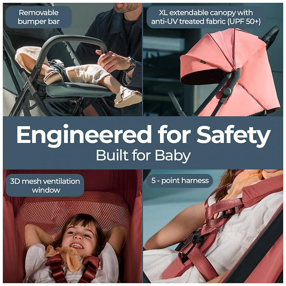 Carrinho de Bebê Inglesina Quid³ Rosa Aurora - Ultraleve 6,3 kg, Dobrável com Uma Mão, Capota XL UPF 50+, Assento com Tecido Respirável